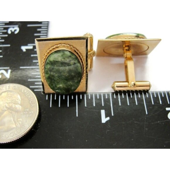 Vintage Destino Square Cufflinks 1/20 12K Gold Filled Green Oval Jade Center - Picture 12 of 12